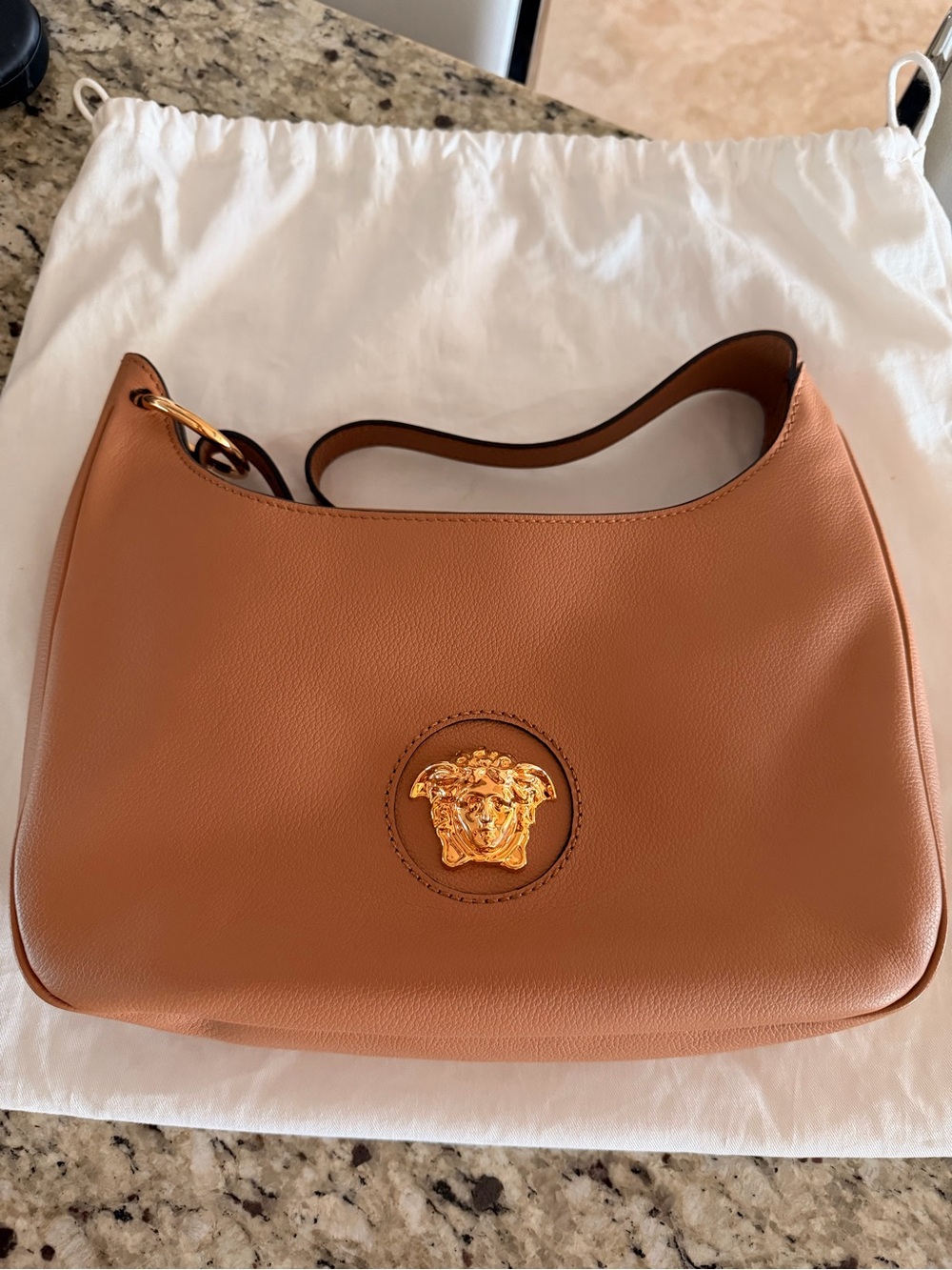 Versace Brown Leather Hobo Bag with Gold Medusa Logo